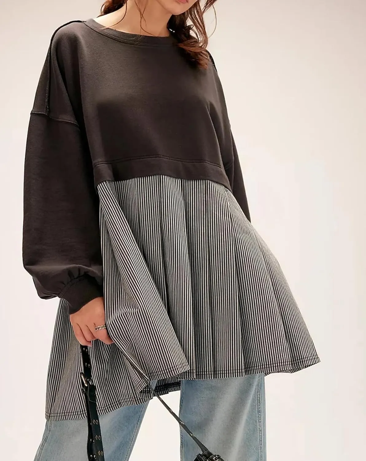 Oversized Sweatshirt Dress Women Striped Long Sleeve Patchwork Pullover Top Flowy Pleated Mini Dress