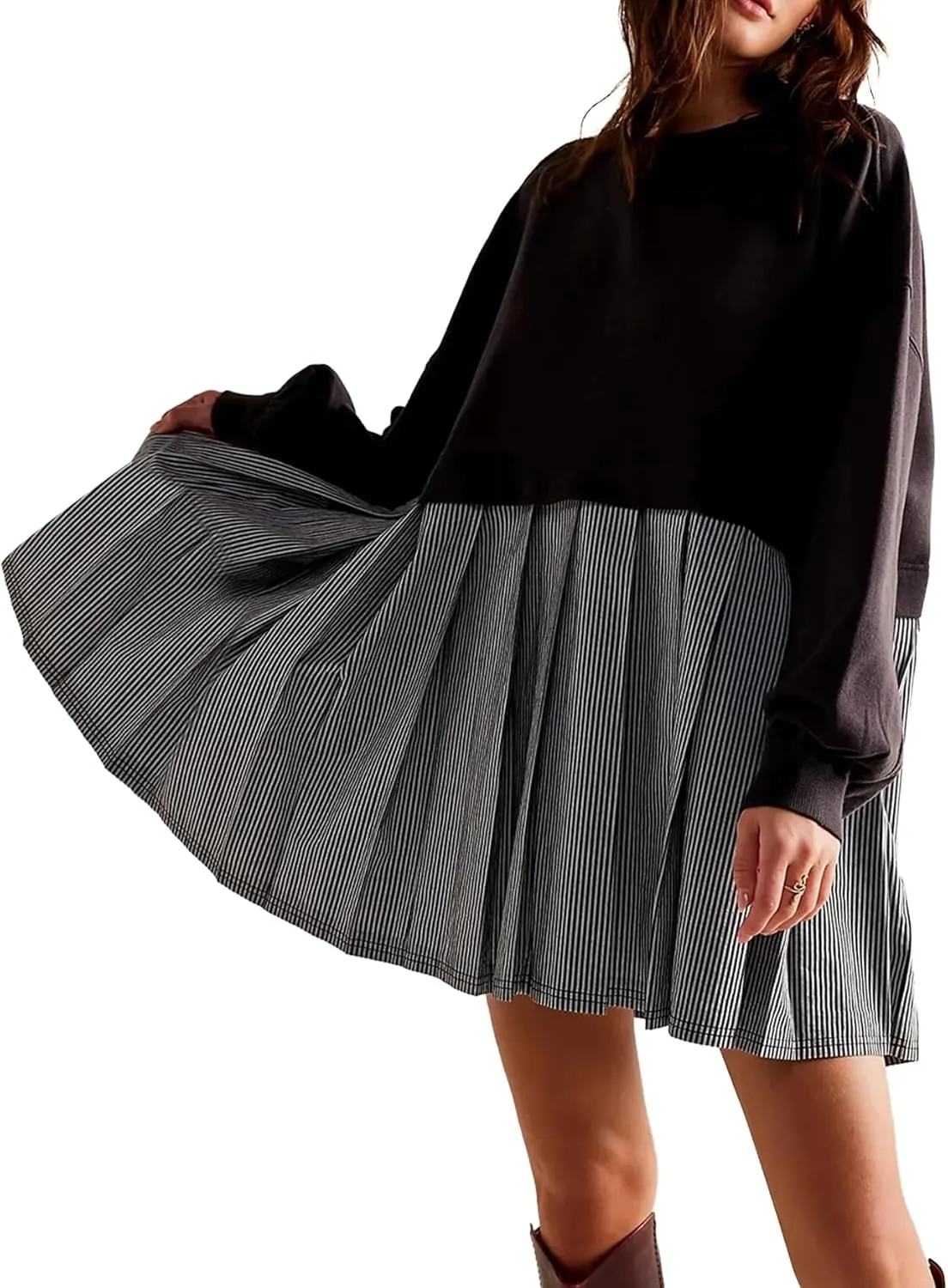 Oversized Sweatshirt Dress Women Striped Long Sleeve Patchwork Pullover Top Flowy Pleated Mini Dress
