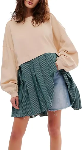 Oversized Sweatshirt Dress Women Striped Long Sleeve Patchwork Pullover Top Flowy Pleated Mini Dress