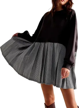 Oversized Sweatshirt Dress Women Striped Long Sleeve Patchwork Pullover Top Flowy Pleated Mini Dress