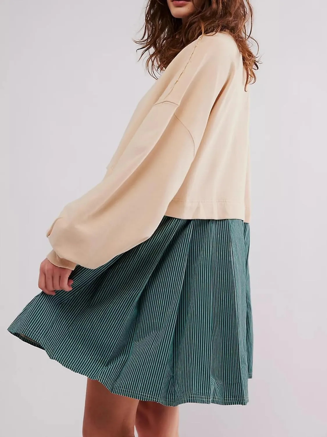 Oversized Sweatshirt Dress Women Striped Long Sleeve Patchwork Pullover Top Flowy Pleated Mini Dress