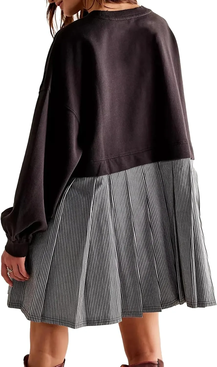 Oversized Sweatshirt Dress Women Striped Long Sleeve Patchwork Pullover Top Flowy Pleated Mini Dress