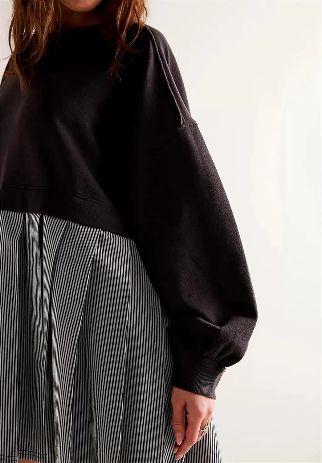Oversized Sweatshirt Dress Women Striped Long Sleeve Patchwork Pullover Top Flowy Pleated Mini Dress
