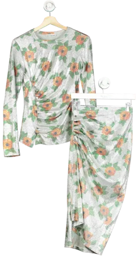 Paco Rabanne Silver Floral Ruched Top and Skirt Set UK 6