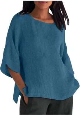 Summer Tops for Women Linen 3/4 Sleeve Blouses Casual Crewneck Shirt Plus Size Baggy T Shirt Loose Fit Beach Shirts