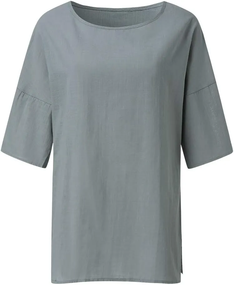 Summer Tops for Women Linen 3/4 Sleeve Blouses Casual Crewneck Shirt Plus Size Baggy T Shirt Loose Fit Beach Shirts
