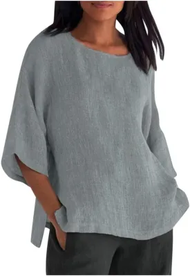 Summer Tops for Women Linen 3/4 Sleeve Blouses Casual Crewneck Shirt Plus Size Baggy T Shirt Loose Fit Beach Shirts