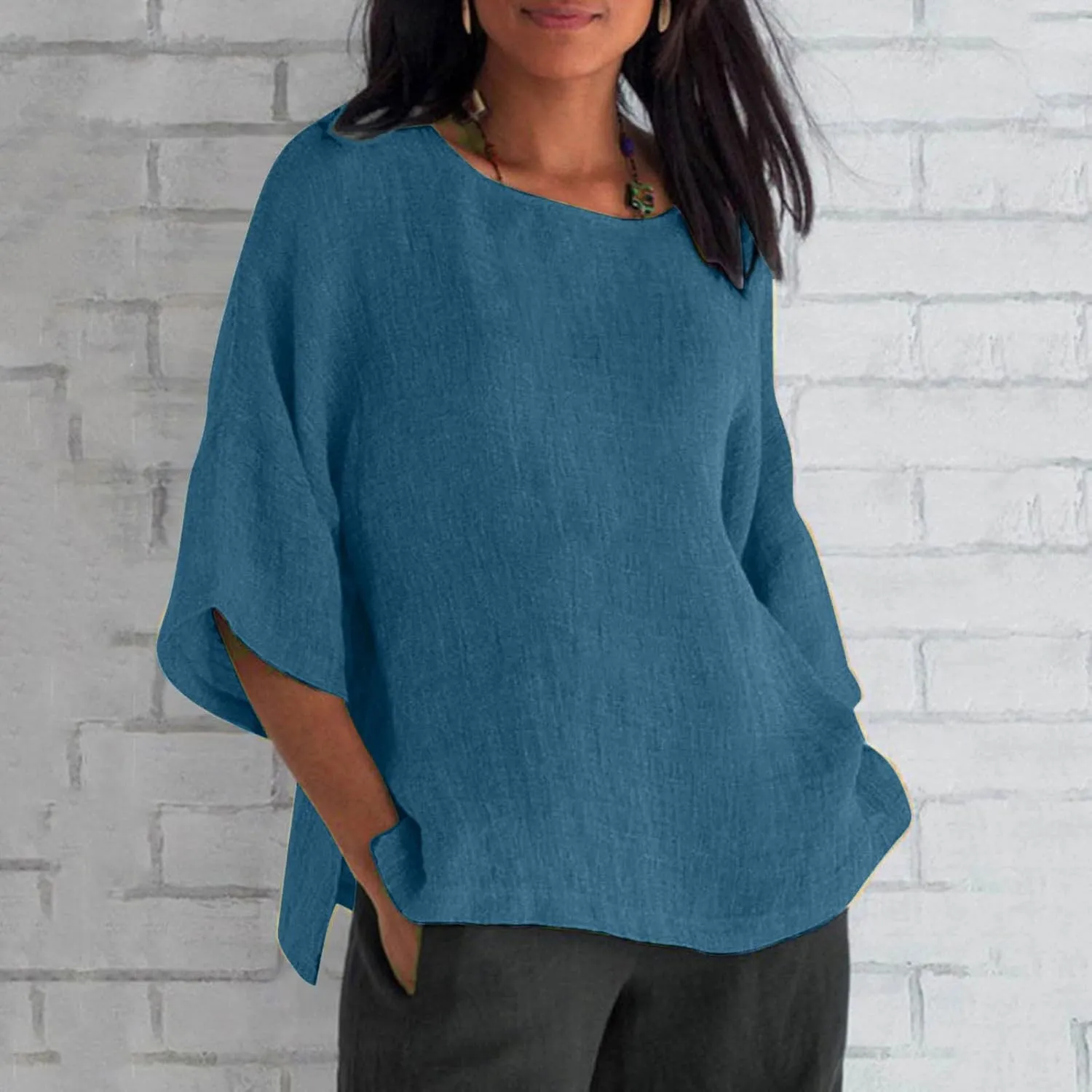 Summer Tops for Women Linen 3/4 Sleeve Blouses Casual Crewneck Shirt Plus Size Baggy T Shirt Loose Fit Beach Shirts