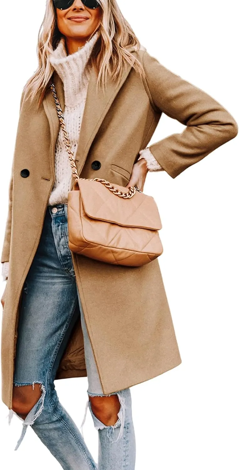 Tanming Women's Notch Lapel Double Breasted Wool Blend Mid Long Pea Trench Coat