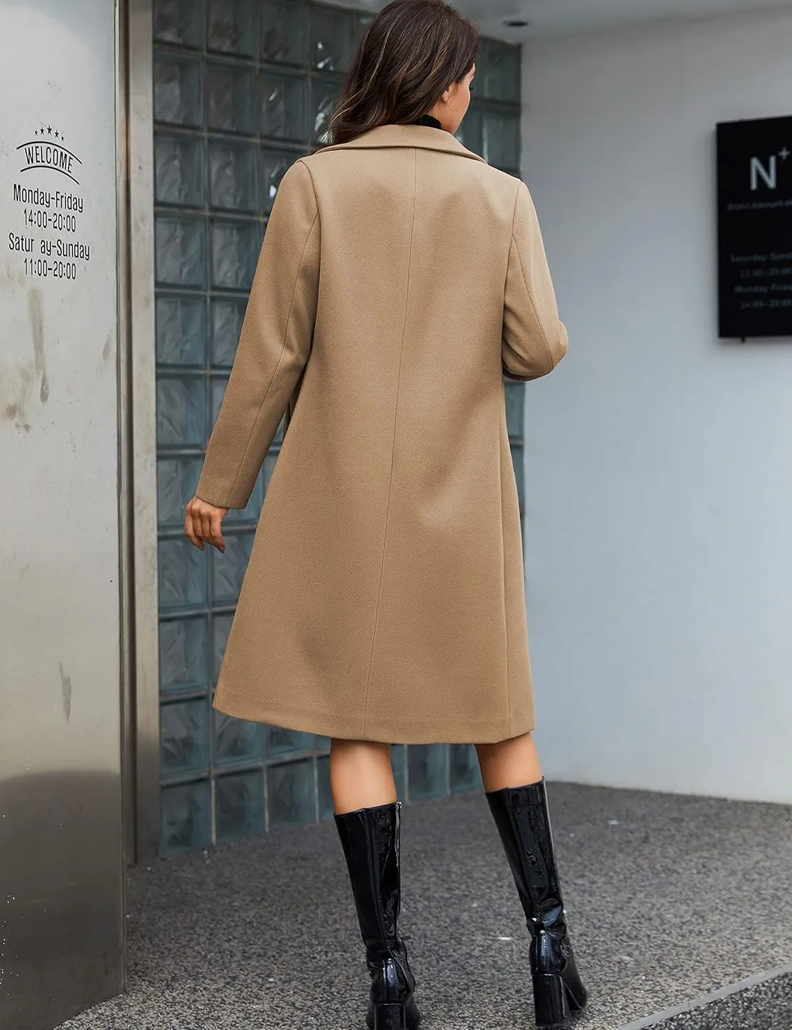 Tanming Women's Notch Lapel Double Breasted Wool Blend Mid Long Pea Trench Coat