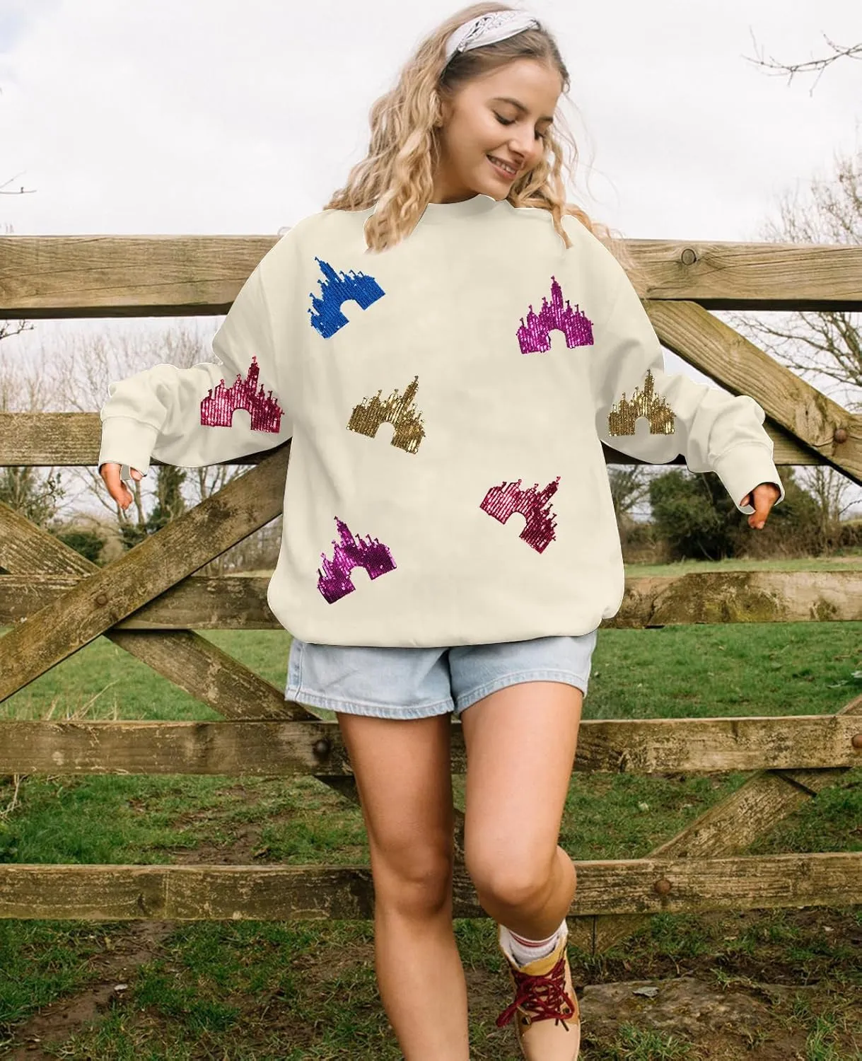 UNIQUEONE Oversized Bow Sweatshirt Womens Magic Kingdom Tee Shirt Colorful Pastel Bows Graphic Sweatshirts Holiday Pullover