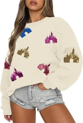 UNIQUEONE Oversized Bow Sweatshirt Womens Magic Kingdom Tee Shirt Colorful Pastel Bows Graphic Sweatshirts Holiday Pullover