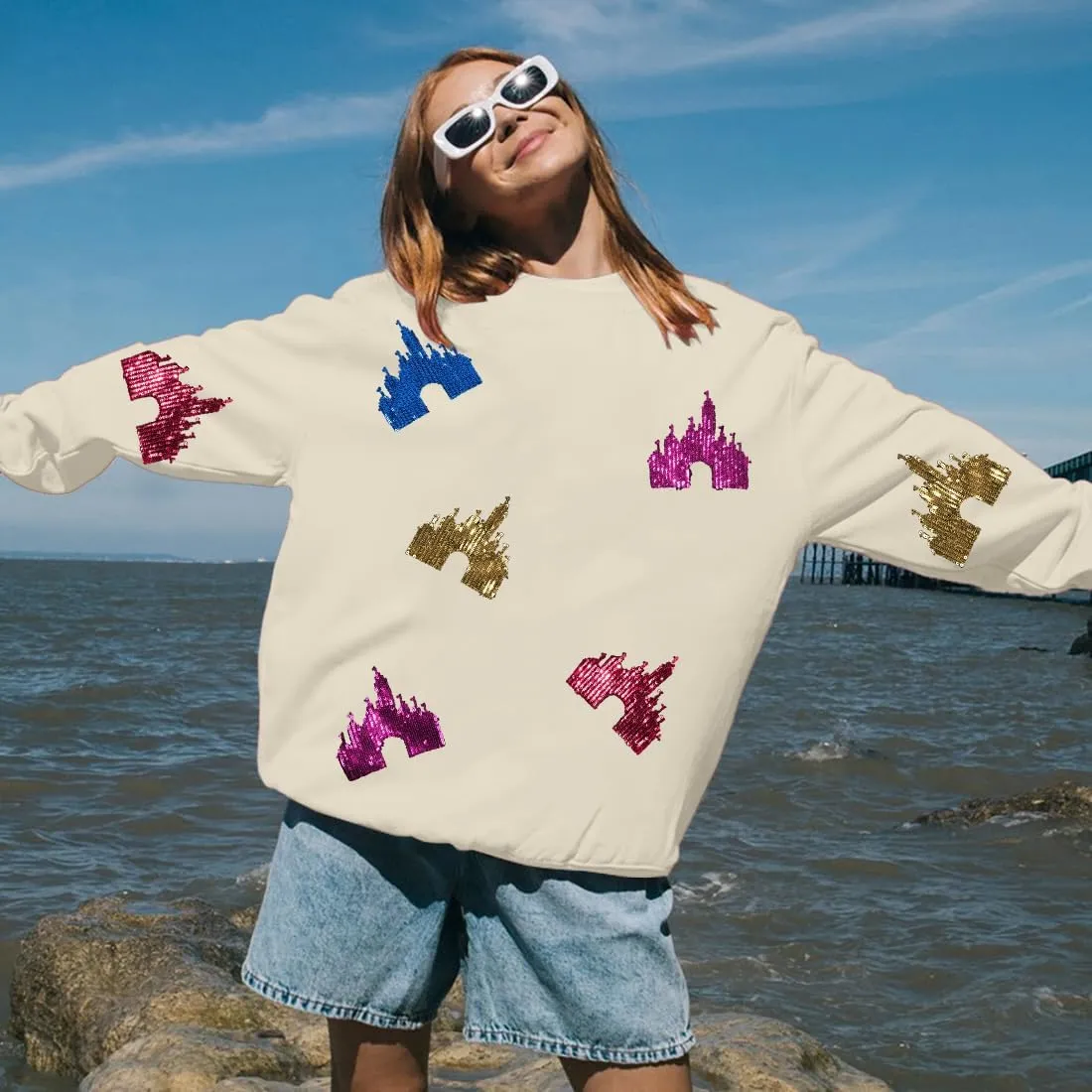 UNIQUEONE Oversized Bow Sweatshirt Womens Magic Kingdom Tee Shirt Colorful Pastel Bows Graphic Sweatshirts Holiday Pullover