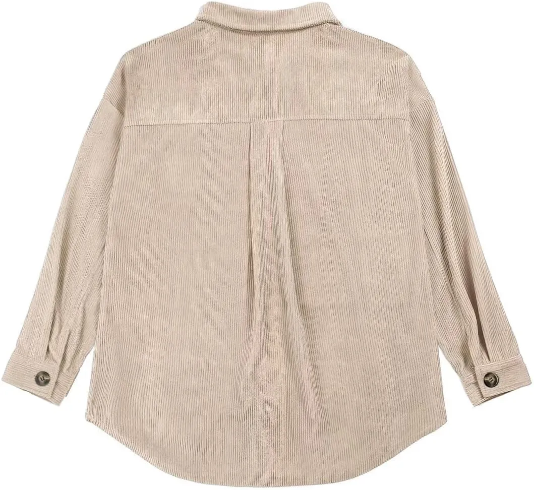 VICHYIE Womens Corduroy Shacket Blouses Button Down Shirts Pocket Long Sleeves Tops Jacket Coats