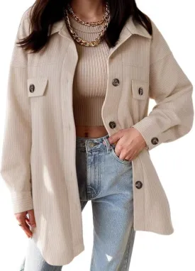 VICHYIE Womens Corduroy Shacket Blouses Button Down Shirts Pocket Long Sleeves Tops Jacket Coats