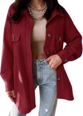 VICHYIE Womens Corduroy Shacket Blouses Button Down Shirts Pocket Long Sleeves Tops Jacket Coats