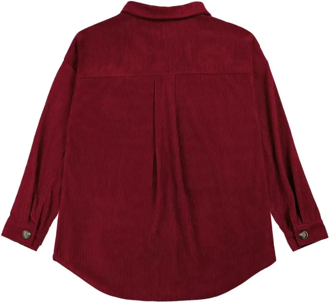 VICHYIE Womens Corduroy Shacket Blouses Button Down Shirts Pocket Long Sleeves Tops Jacket Coats