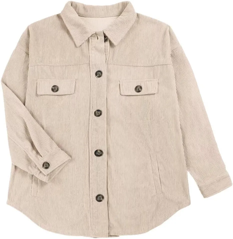 VICHYIE Womens Corduroy Shacket Blouses Button Down Shirts Pocket Long Sleeves Tops Jacket Coats