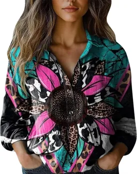 Vintage Boho Tops for Women Floral Print Shirt Casual Long Sleeve Button Down Blouses Dressy T-Shirts with Pocket