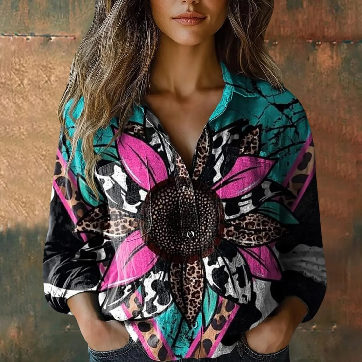 Vintage Boho Tops for Women Floral Print Shirt Casual Long Sleeve Button Down Blouses Dressy T-Shirts with Pocket