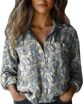 Vintage Boho Tops for Women Floral Print Shirt Casual Long Sleeve Button Down Blouses Dressy T-Shirts with Pocket