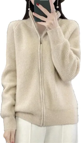 Women Mock Neck Zippers Sweater Cardigan 100% Merino Wool Knit Jumper Thick Warm Sweater Coat