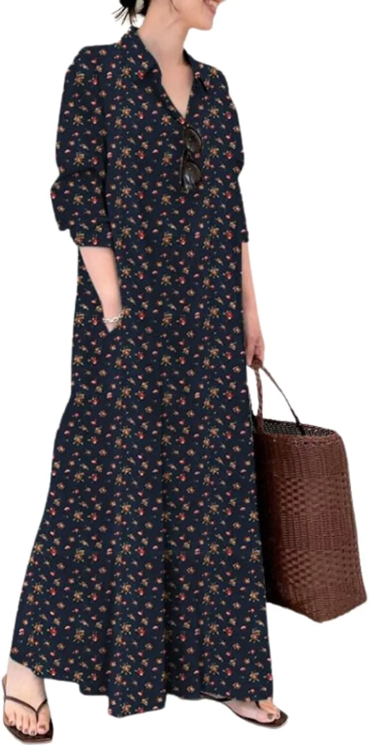 Womens Boho Cotton Maxi Dress V Neck Button Down Kaftan Shirt Dress Long Sleeve Dresses with Pockets Plus Size