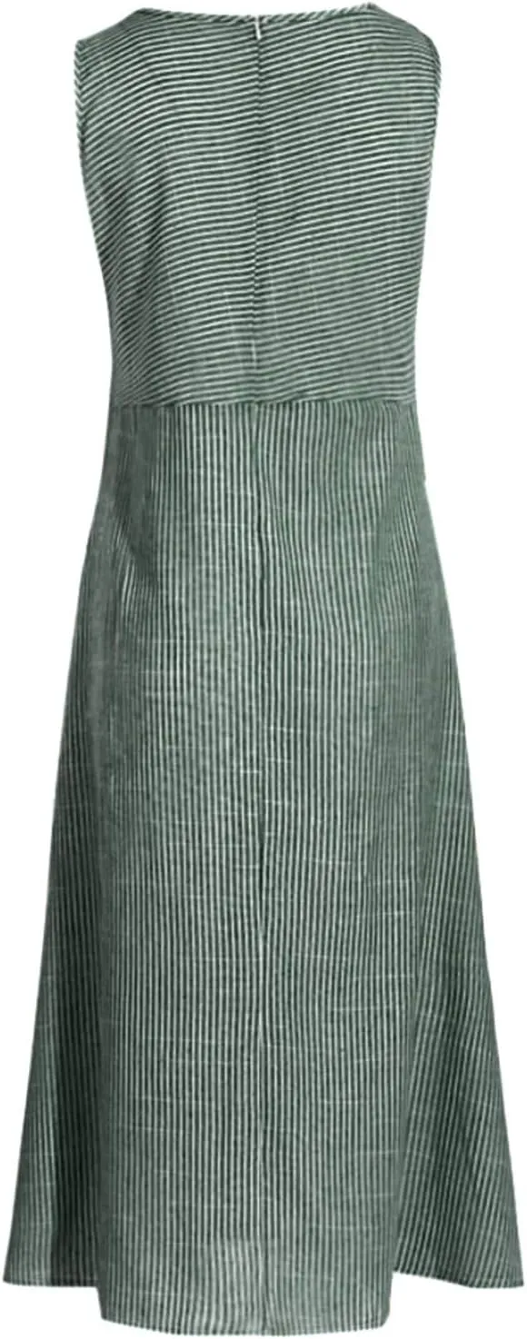 Women's Cotton Linen Sleeveless Midi Dress Striped Print Tank Dresses Flowy Casual Beach Long Sundress with Pocket