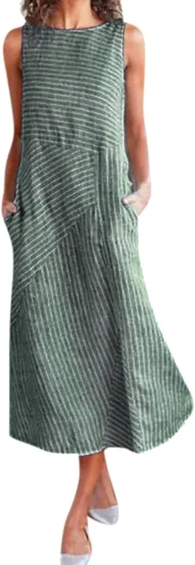 Women's Cotton Linen Sleeveless Midi Dress Striped Print Tank Dresses Flowy Casual Beach Long Sundress with Pocket