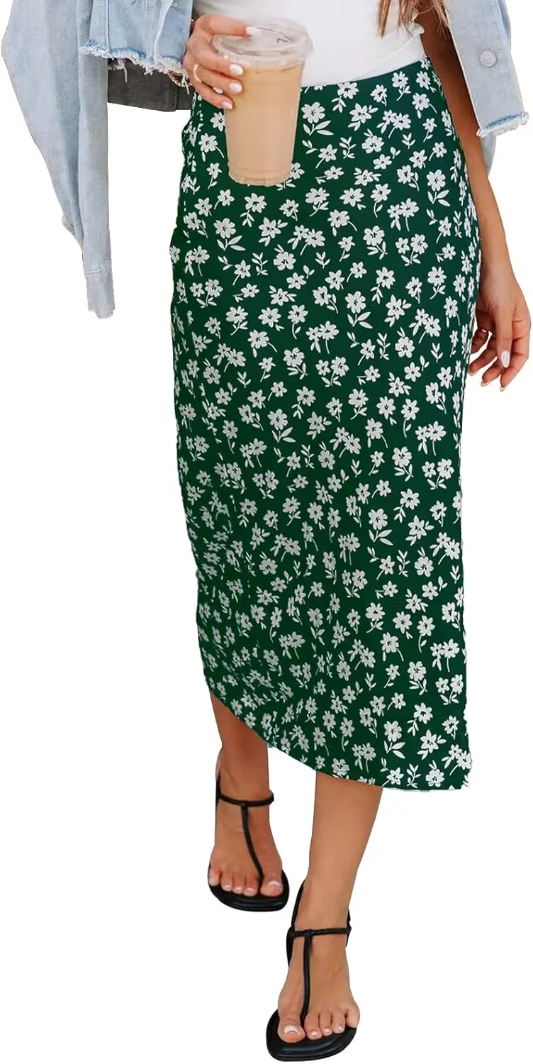 Womens Floral Print Midi Skirt Casual High Elastic Waist Zipper Vintage Long Boho Skirts for Women