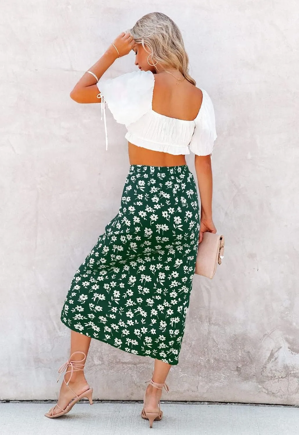 Womens Floral Print Midi Skirt Casual High Elastic Waist Zipper Vintage Long Boho Skirts for Women
