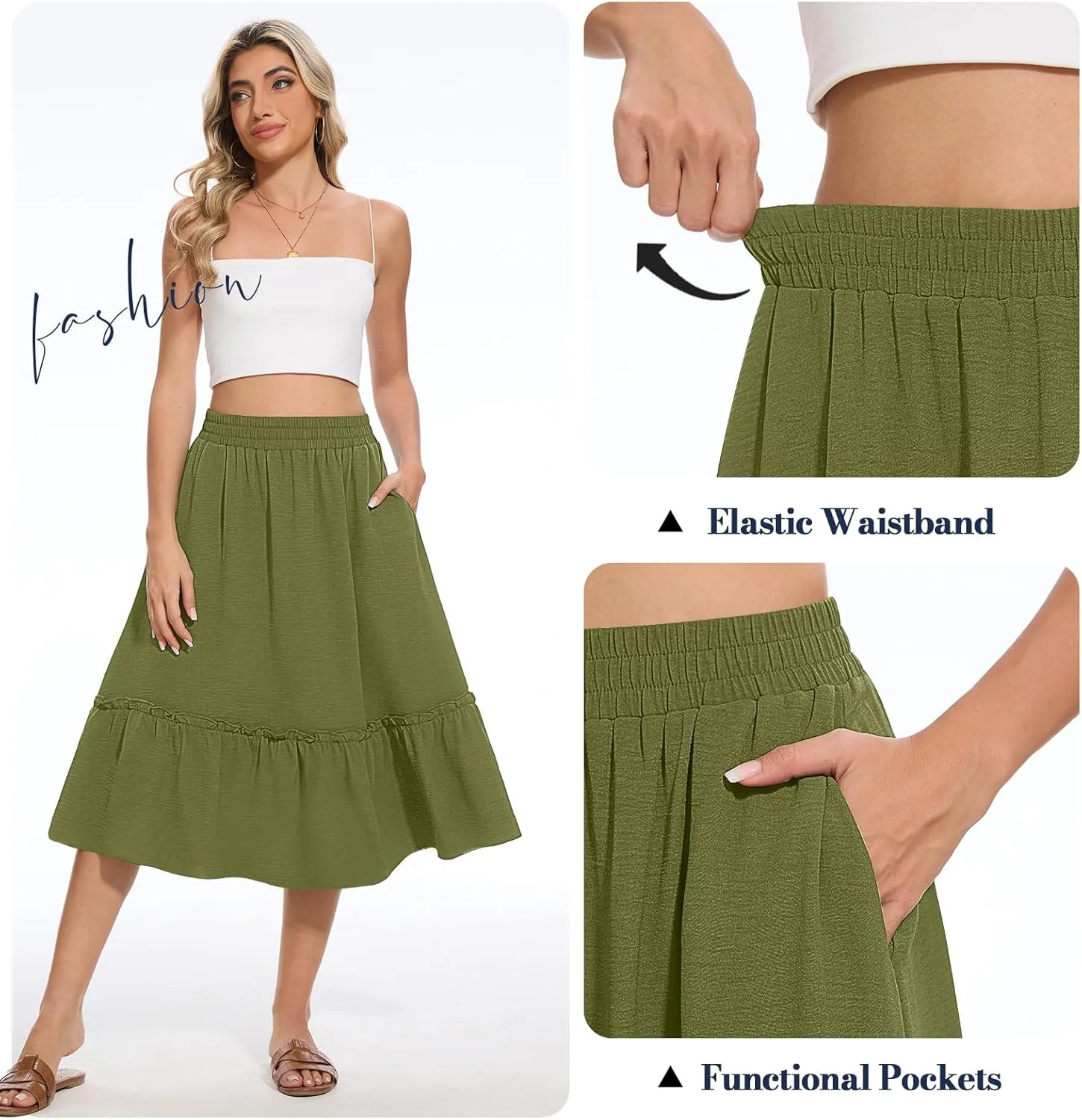 Women's High Waist Midi Skirts Summer Flowy Tiered Skirt with Pockets
