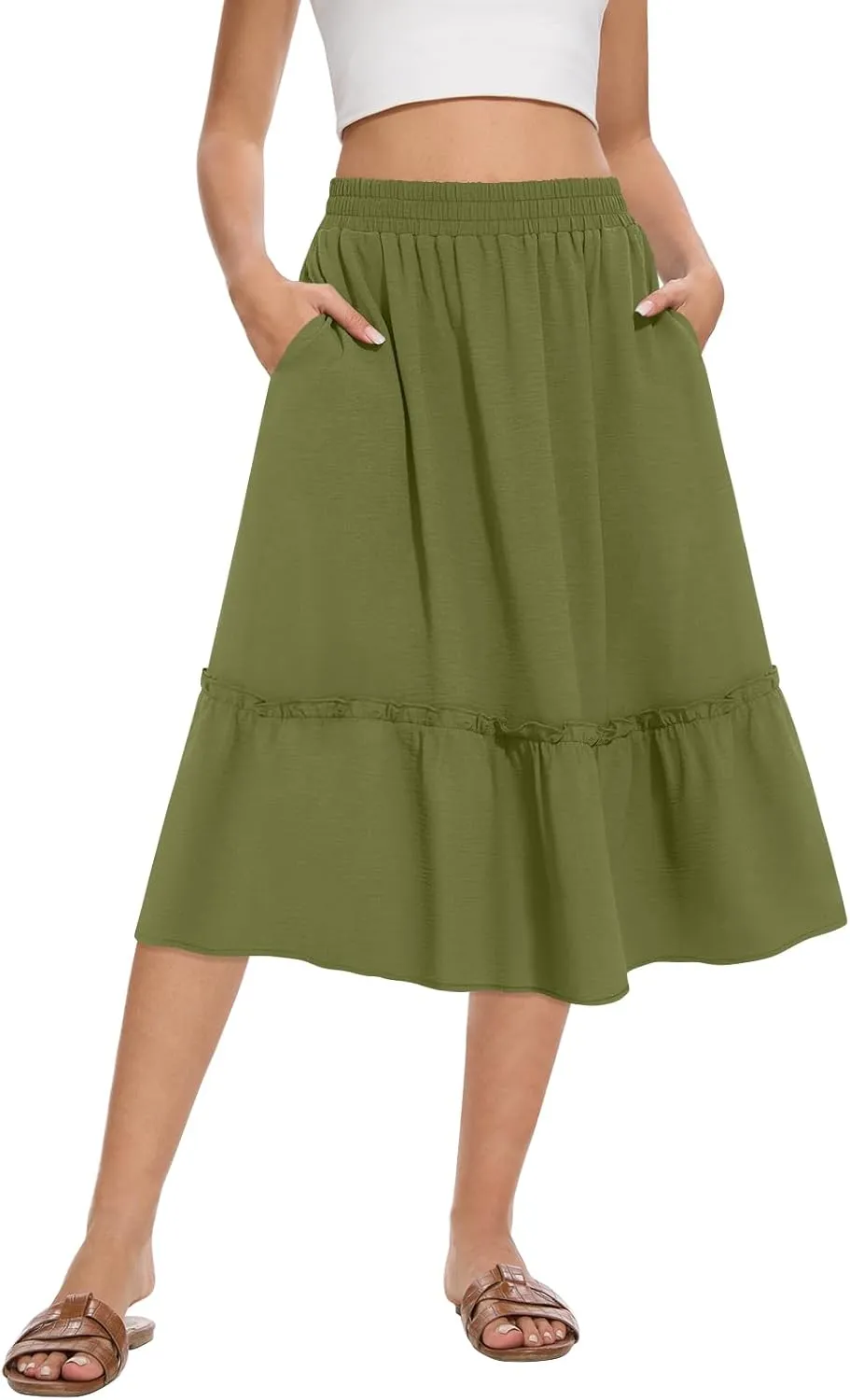 Women's High Waist Midi Skirts Summer Flowy Tiered Skirt with Pockets