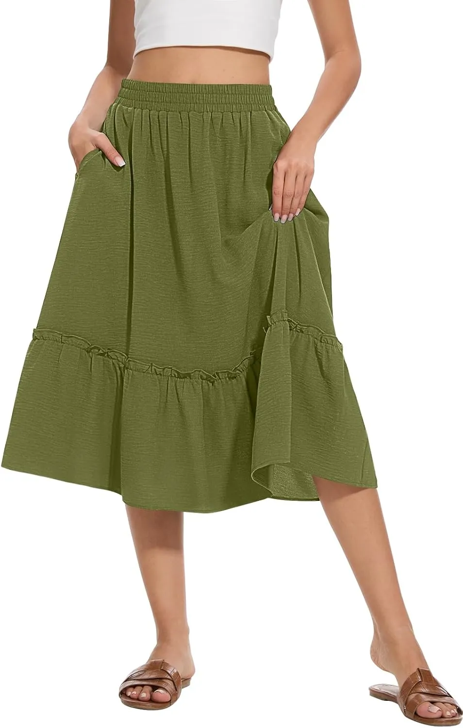Women's High Waist Midi Skirts Summer Flowy Tiered Skirt with Pockets
