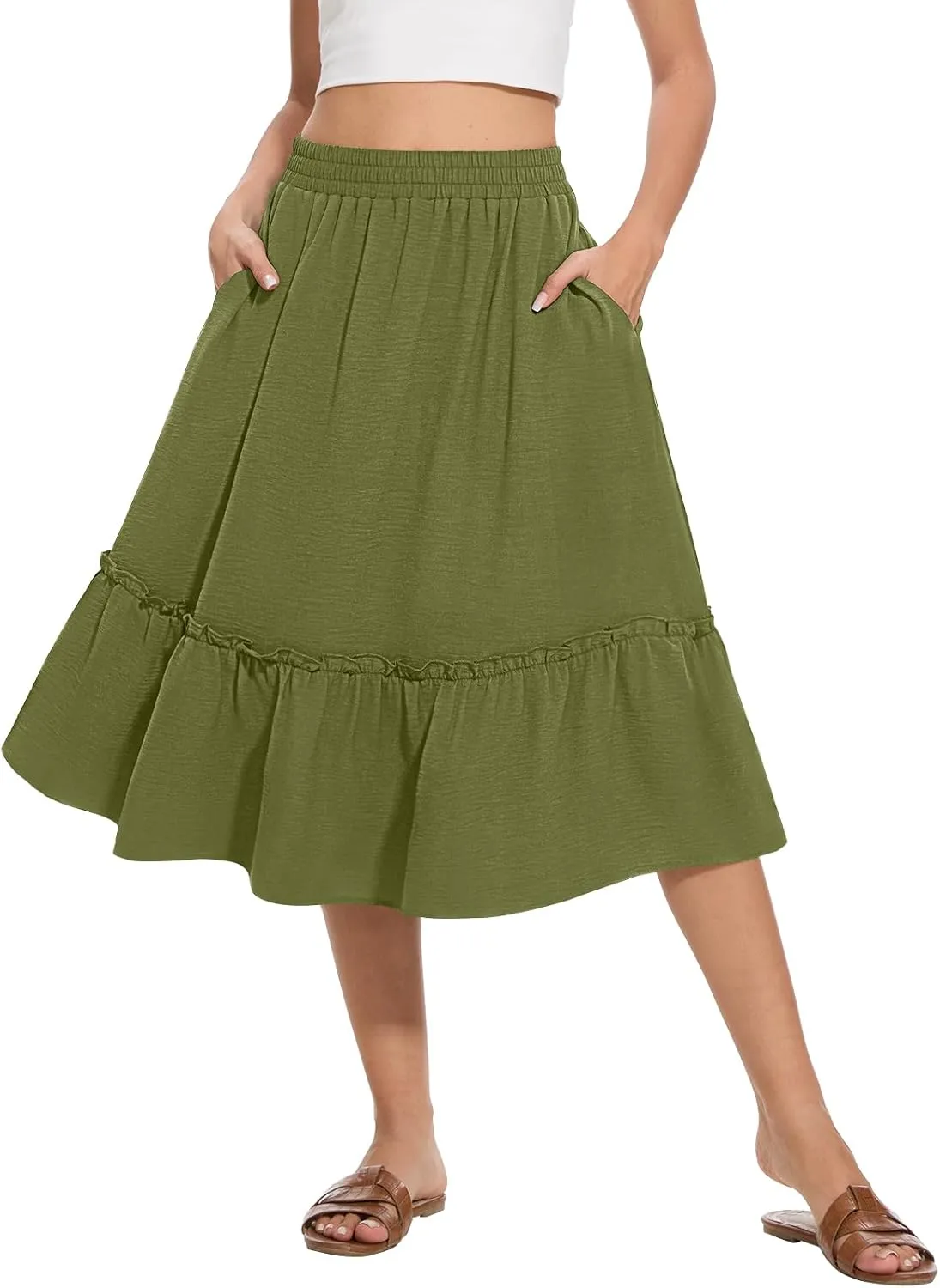 Women's High Waist Midi Skirts Summer Flowy Tiered Skirt with Pockets