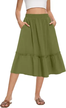 Women's High Waist Midi Skirts Summer Flowy Tiered Skirt with Pockets