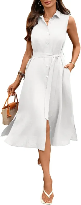 Women's Linen Midi Dress Button Down Shirt Dresses 100% Linen Collar Sleeveless Belt Dress with Pockets