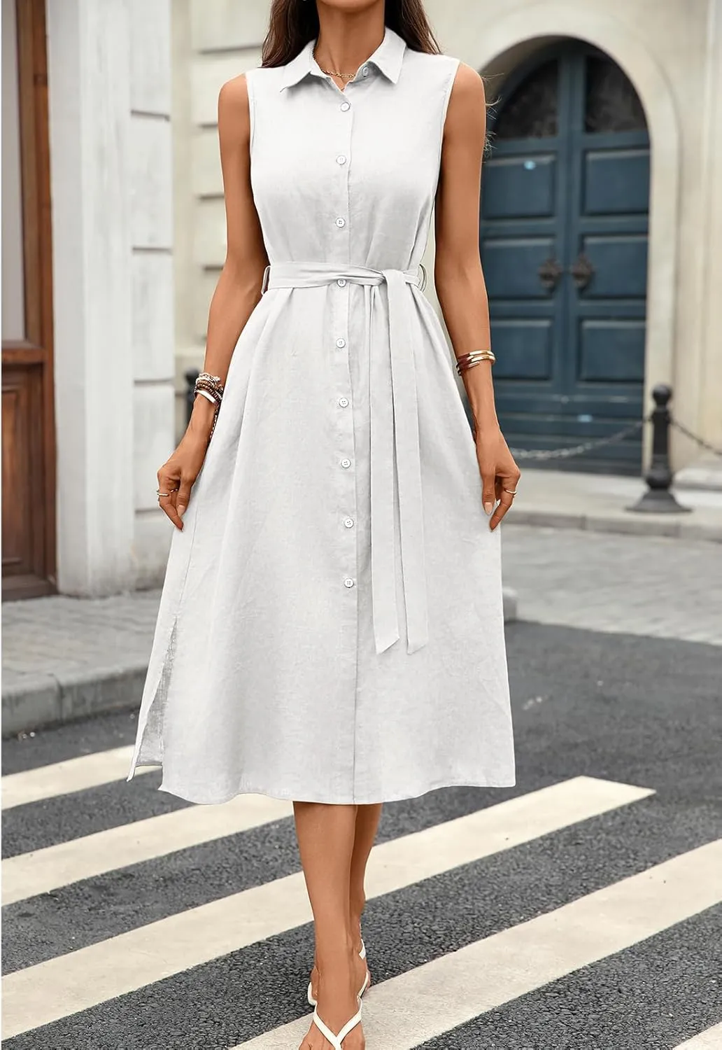 Women's Linen Midi Dress Button Down Shirt Dresses 100% Linen Collar Sleeveless Belt Dress with Pockets