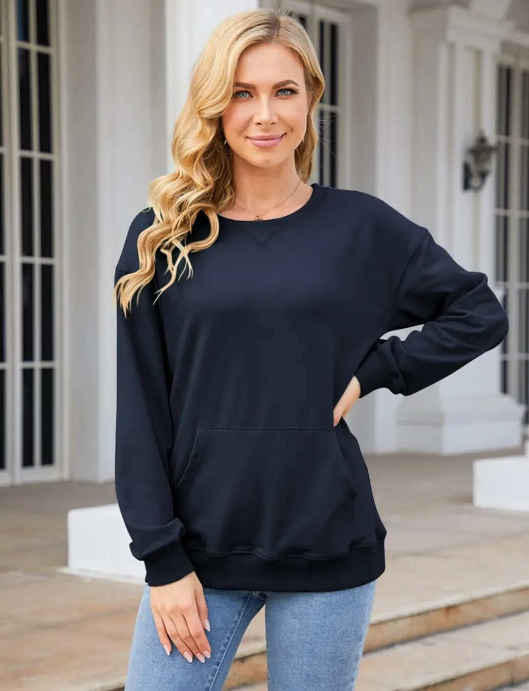 Womens Long Sleeve Sweatshirts Casual Crewneck Cute Pullover Tops Lightweight Sweatshirt with Pocket 2025