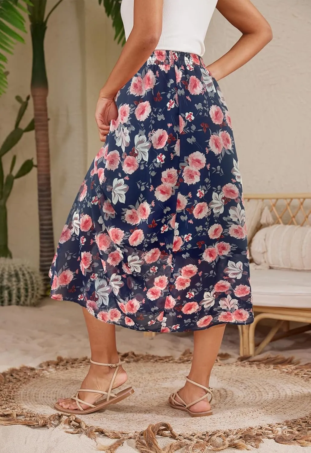 Womens Midi Floral Print Skirt Flowy Boho High Elastic Waist Trendy Summer Beach Long Skirts for Women