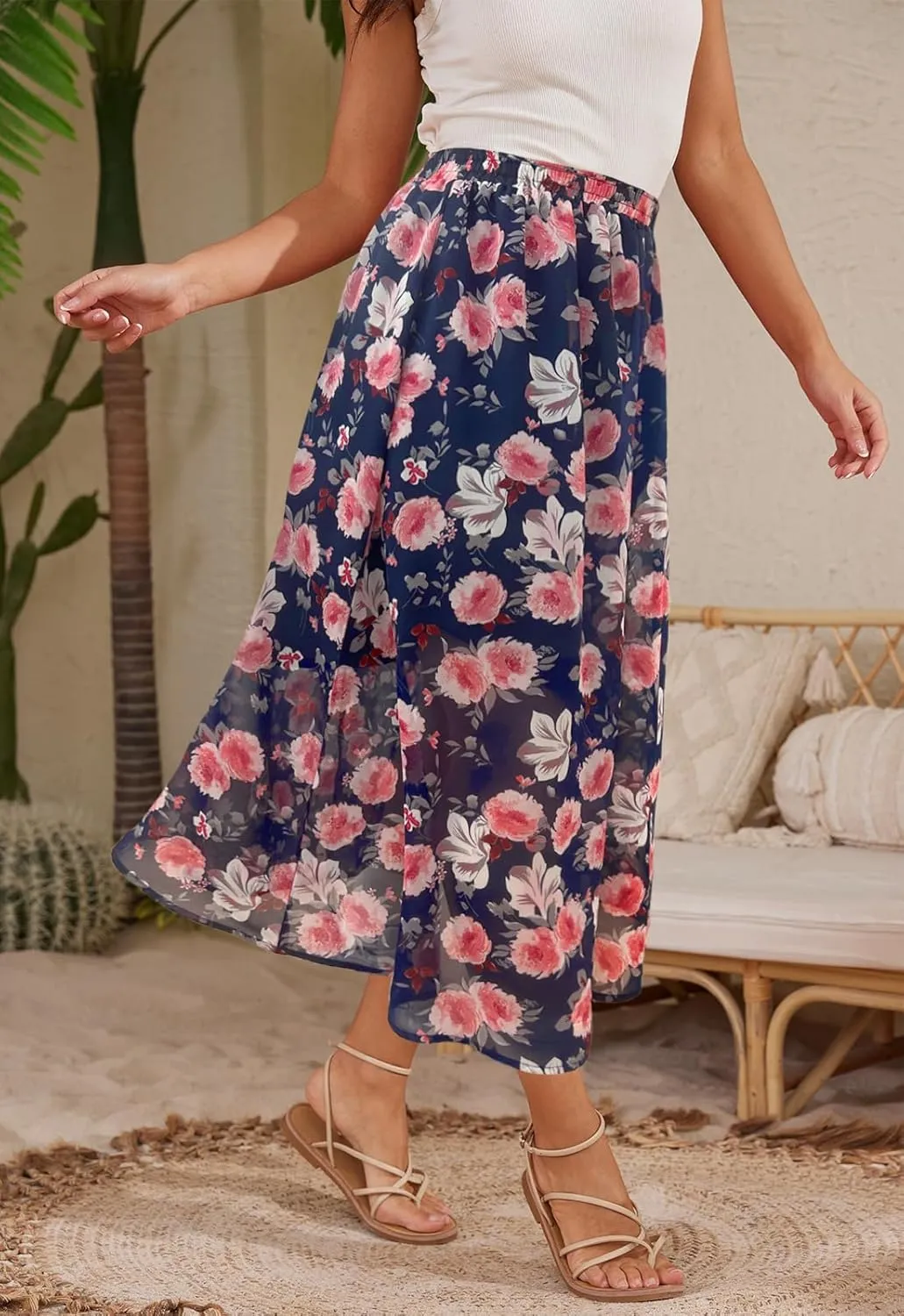 Womens Midi Floral Print Skirt Flowy Boho High Elastic Waist Trendy Summer Beach Long Skirts for Women