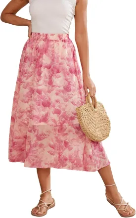 Womens Midi Floral Print Skirt Flowy Boho High Elastic Waist Trendy Summer Beach Long Skirts for Women