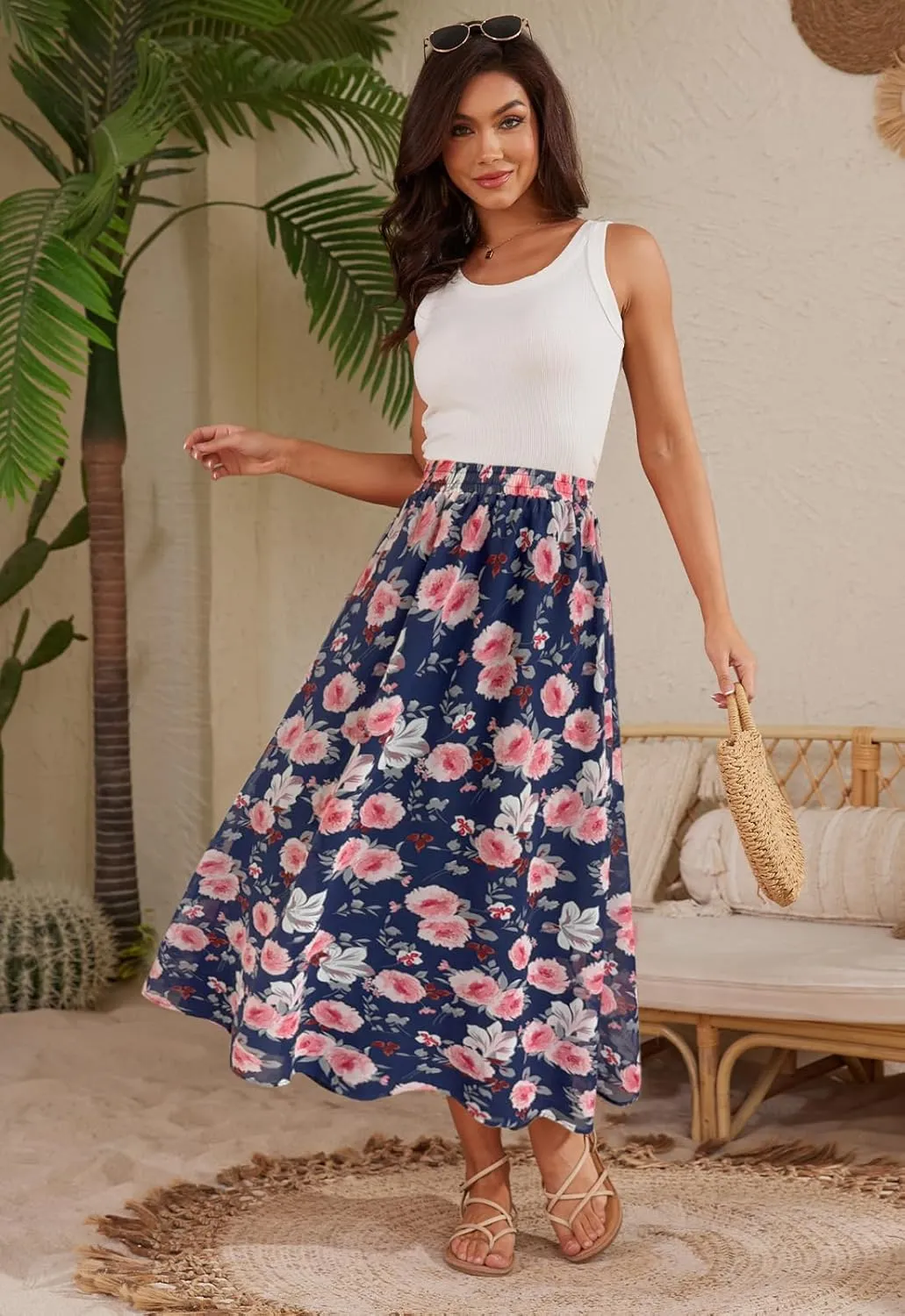 Womens Midi Floral Print Skirt Flowy Boho High Elastic Waist Trendy Summer Beach Long Skirts for Women