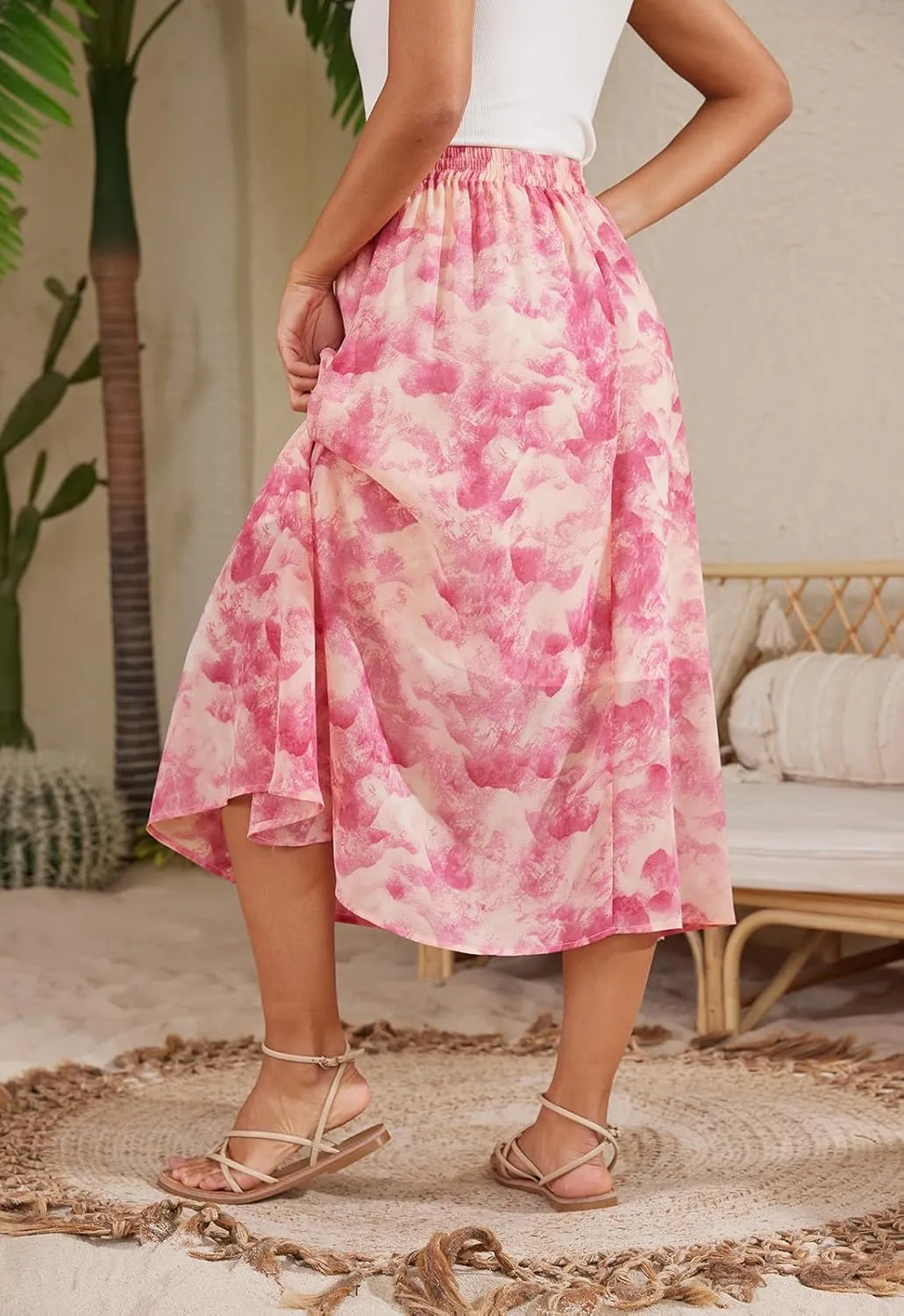 Womens Midi Floral Print Skirt Flowy Boho High Elastic Waist Trendy Summer Beach Long Skirts for Women