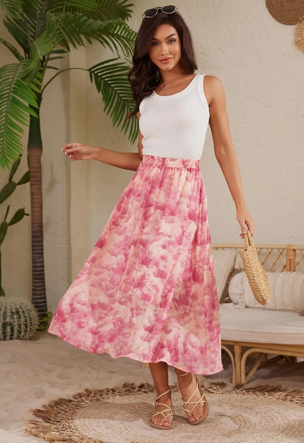 Womens Midi Floral Print Skirt Flowy Boho High Elastic Waist Trendy Summer Beach Long Skirts for Women