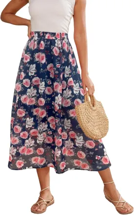 Womens Midi Floral Print Skirt Flowy Boho High Elastic Waist Trendy Summer Beach Long Skirts for Women