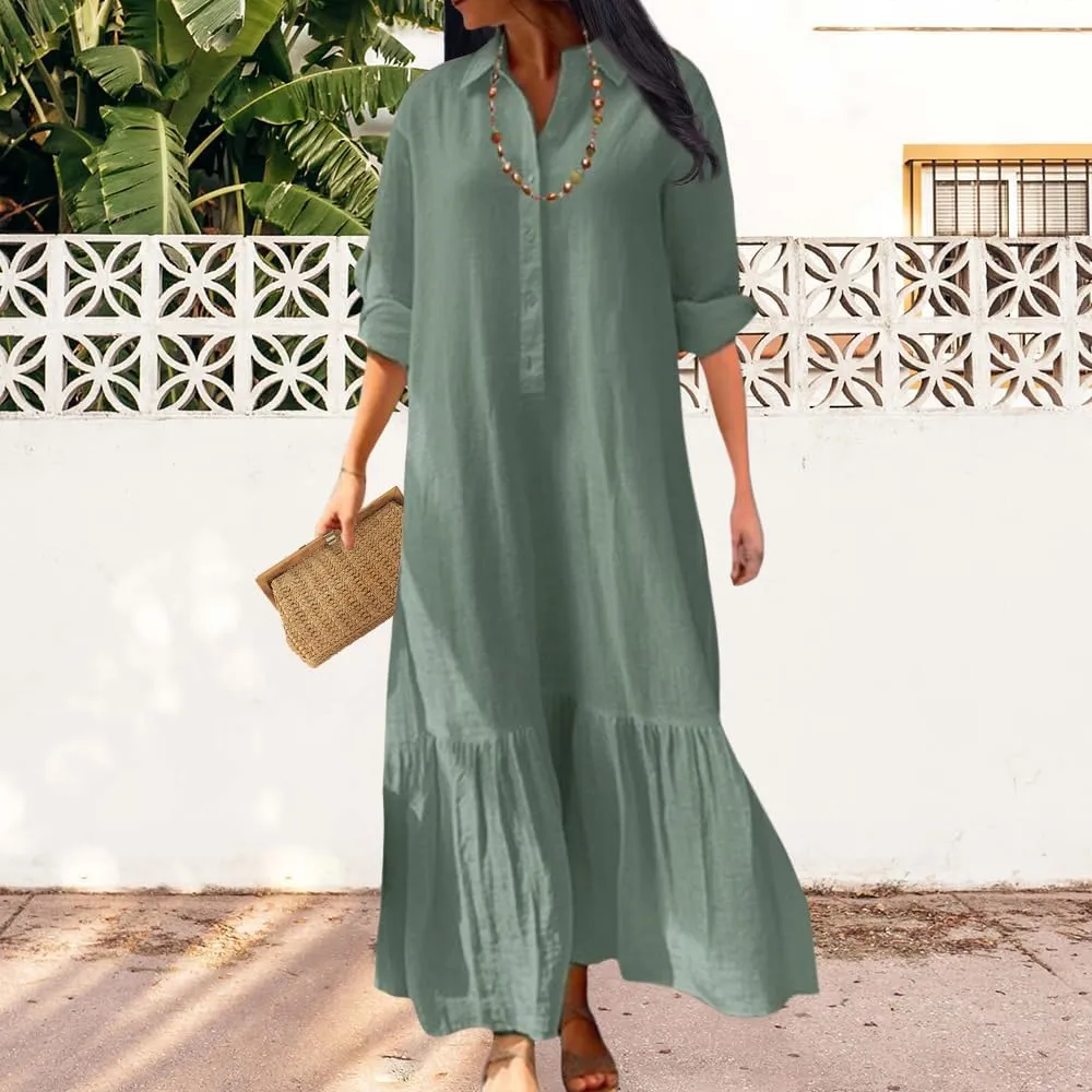 ZOCANIA Linen Dress Women Cotton Dress Casual Button Down Linen Shirt Dress Long Sleeve Plus Size Collared Maxi Dresses