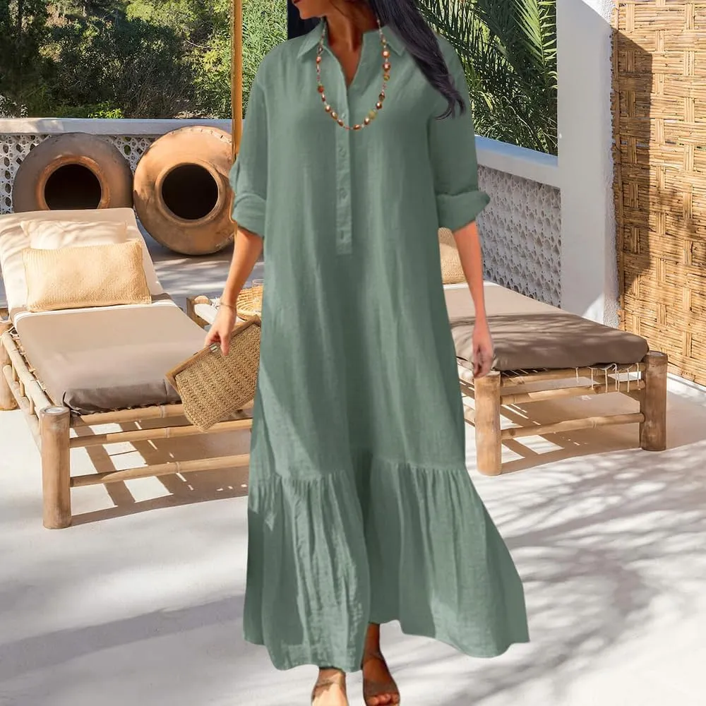 ZOCANIA Linen Dress Women Cotton Dress Casual Button Down Linen Shirt Dress Long Sleeve Plus Size Collared Maxi Dresses