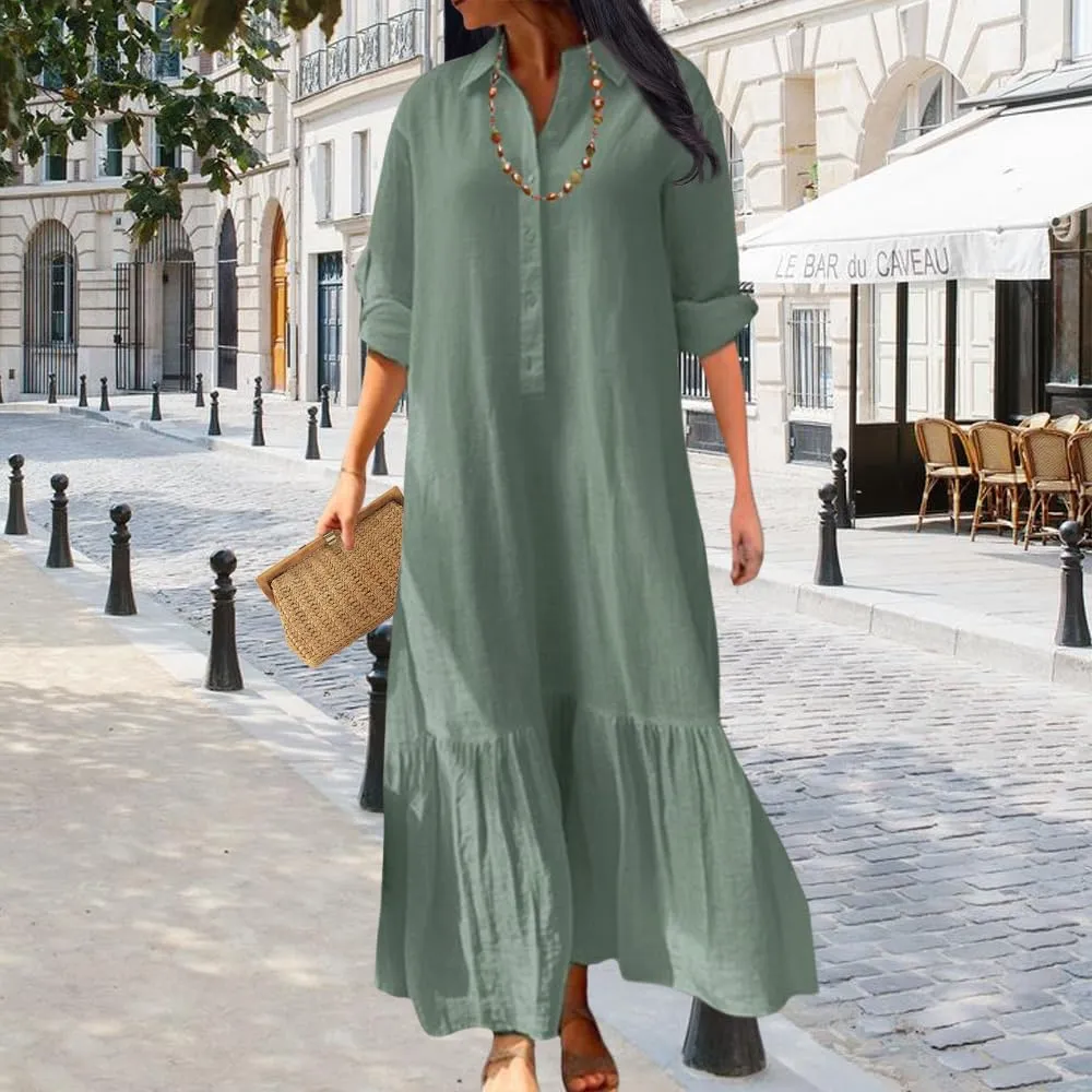 ZOCANIA Linen Dress Women Cotton Dress Casual Button Down Linen Shirt Dress Long Sleeve Plus Size Collared Maxi Dresses