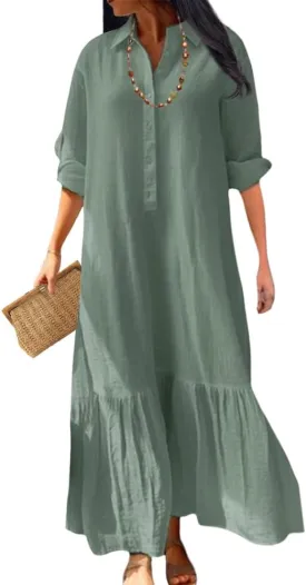 ZOCANIA Linen Dress Women Cotton Dress Casual Button Down Linen Shirt Dress Long Sleeve Plus Size Collared Maxi Dresses